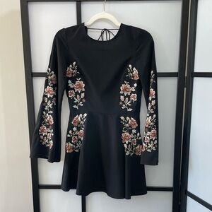 [4] H&M Black with Pink & White Floral Long Bell Sleeve Mini Dress